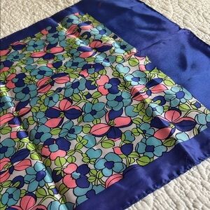 Vintage Floral Silky Acetate Scarf with Blue Border and colorful flowers